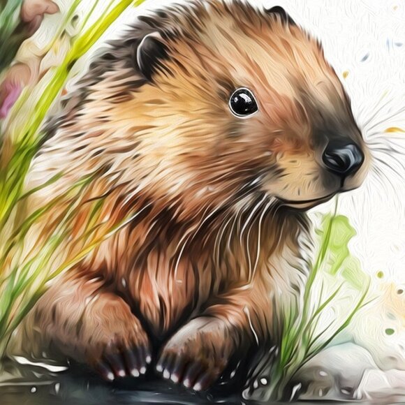16x20 Beaver in Pond with Flowers Watercolor Oil‎ Painting Wall Art Print - Picture 2 of 5